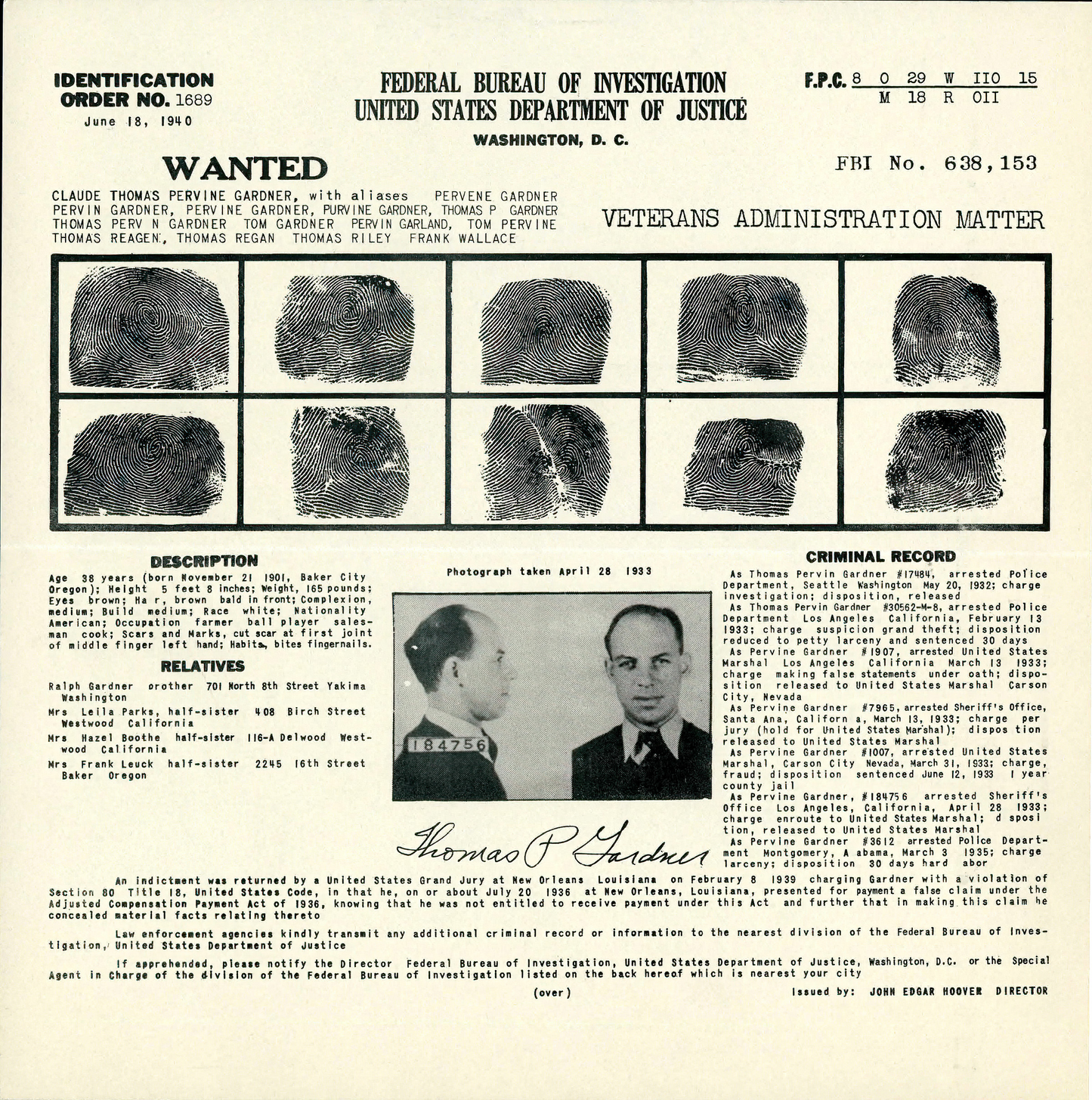 True Crime Record - FBI rap sheets